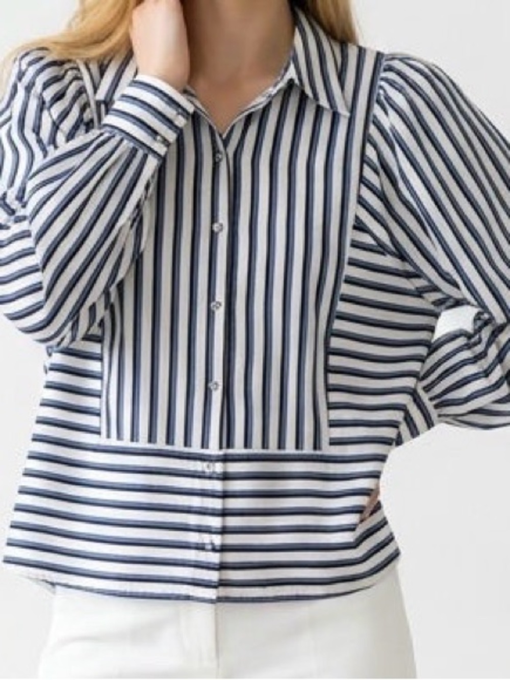 Cleobella Navy and White Vertical-Stripe Button Down Shirt